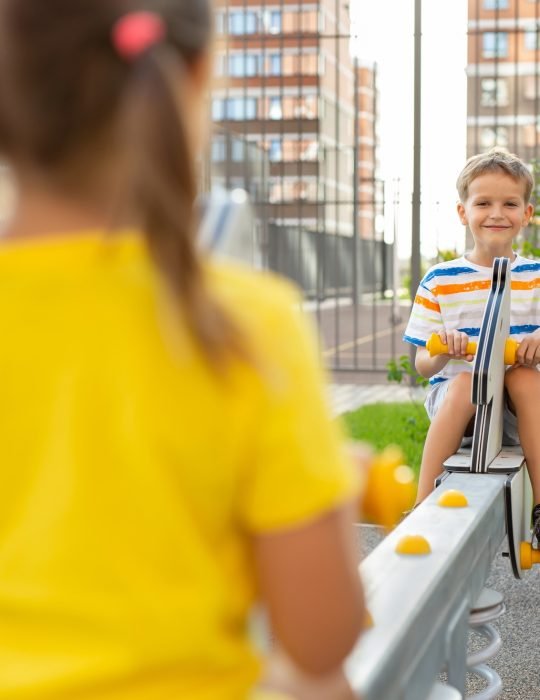 Children, a boy and a girl, have fun on a swing in the fresh air. Fun in the park.